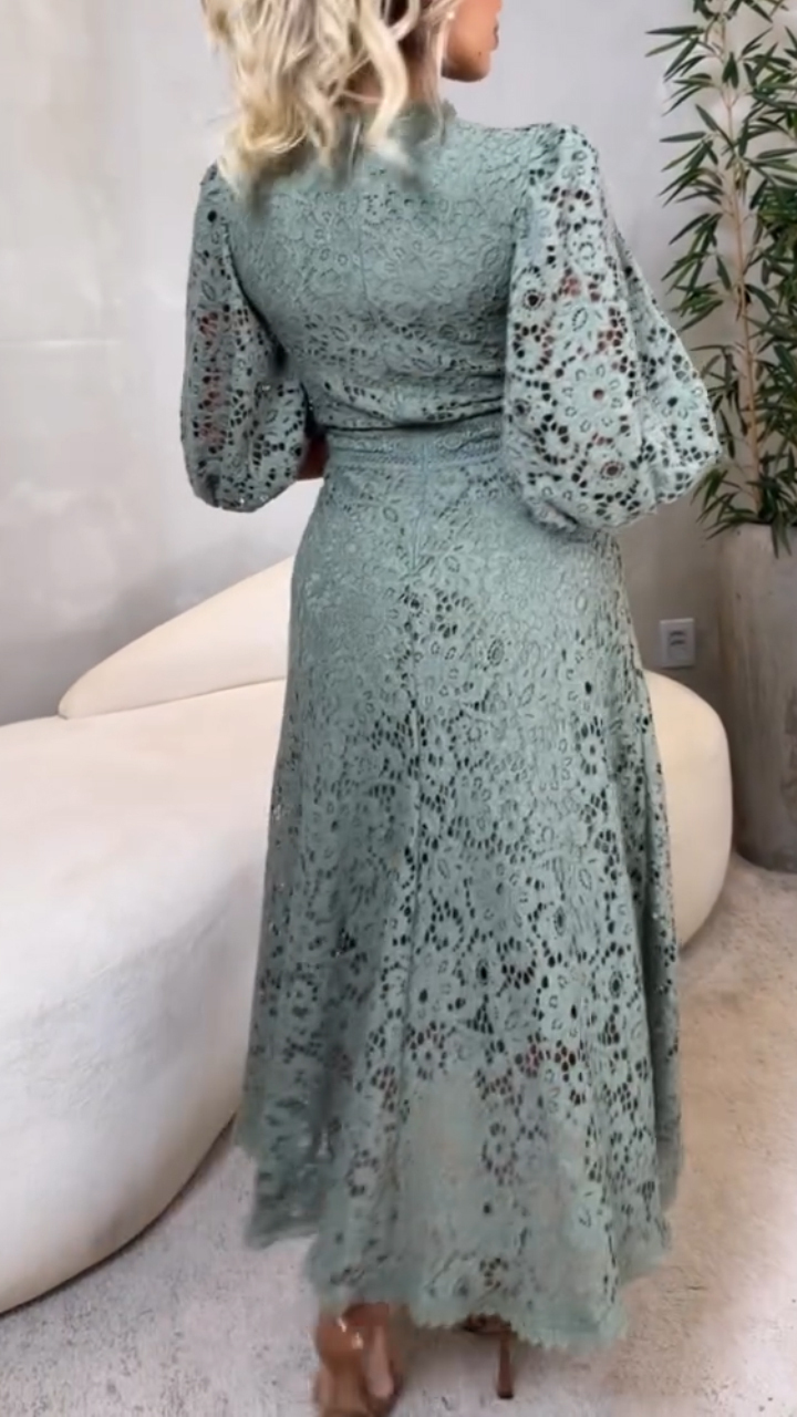 Women's Round Neck Lantern Sleeve Lace Hollow Dress