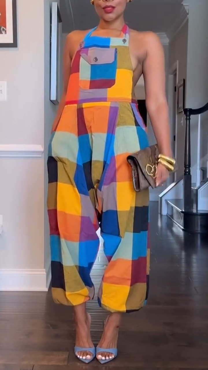 Ladies' Neck Hanging Hollow Square Contrasting Casual Jumpsuit