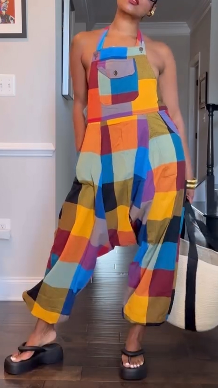 Ladies' Neck Hanging Hollow Square Contrasting Casual Jumpsuit