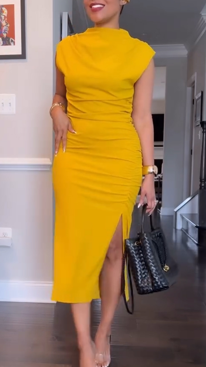 Women's Round Neck Solid Color Slit Style Commuting Dress