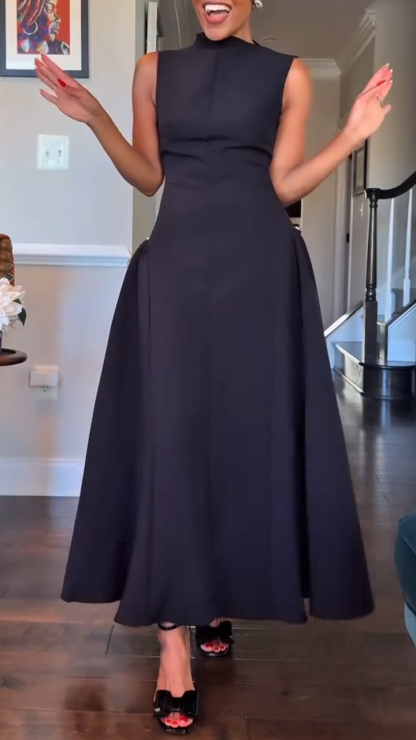 Ladies' Round Neck Solid Color Elegant Temperament Dress