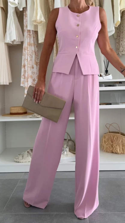 Women's Round Neck Sleeveless Top + Trousers Set