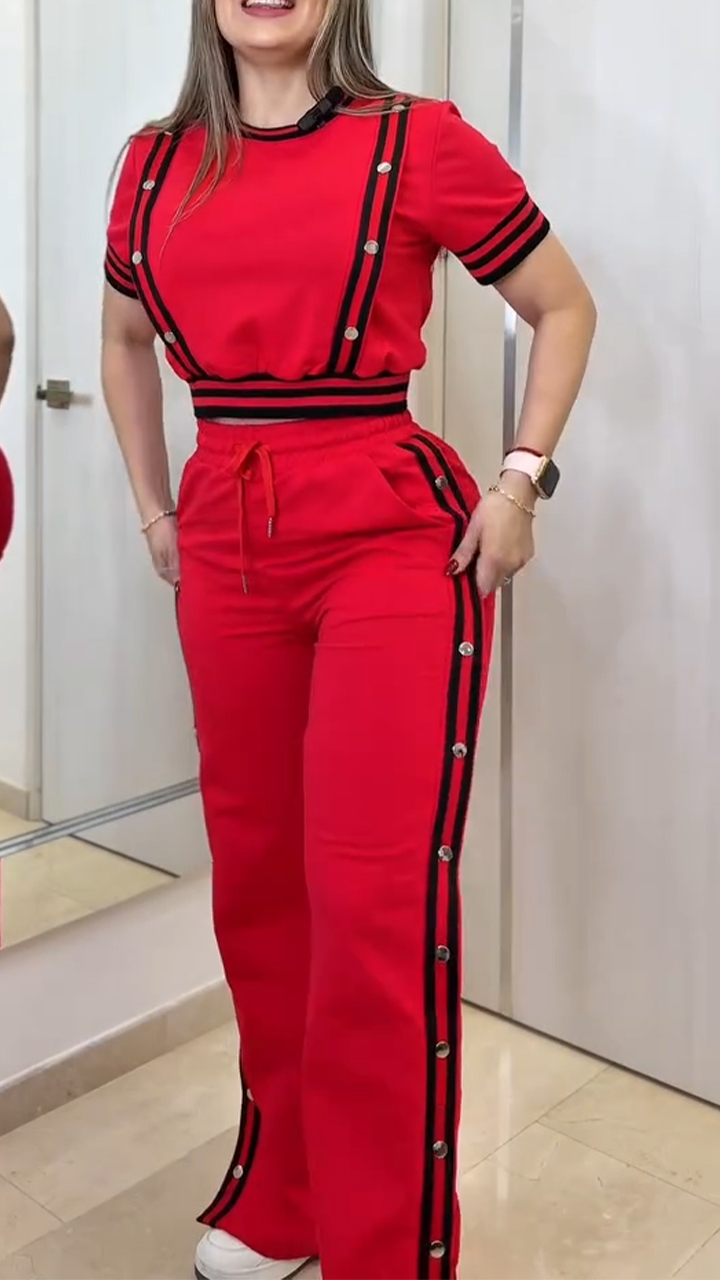 Women's round neck patchwork striped casual suit