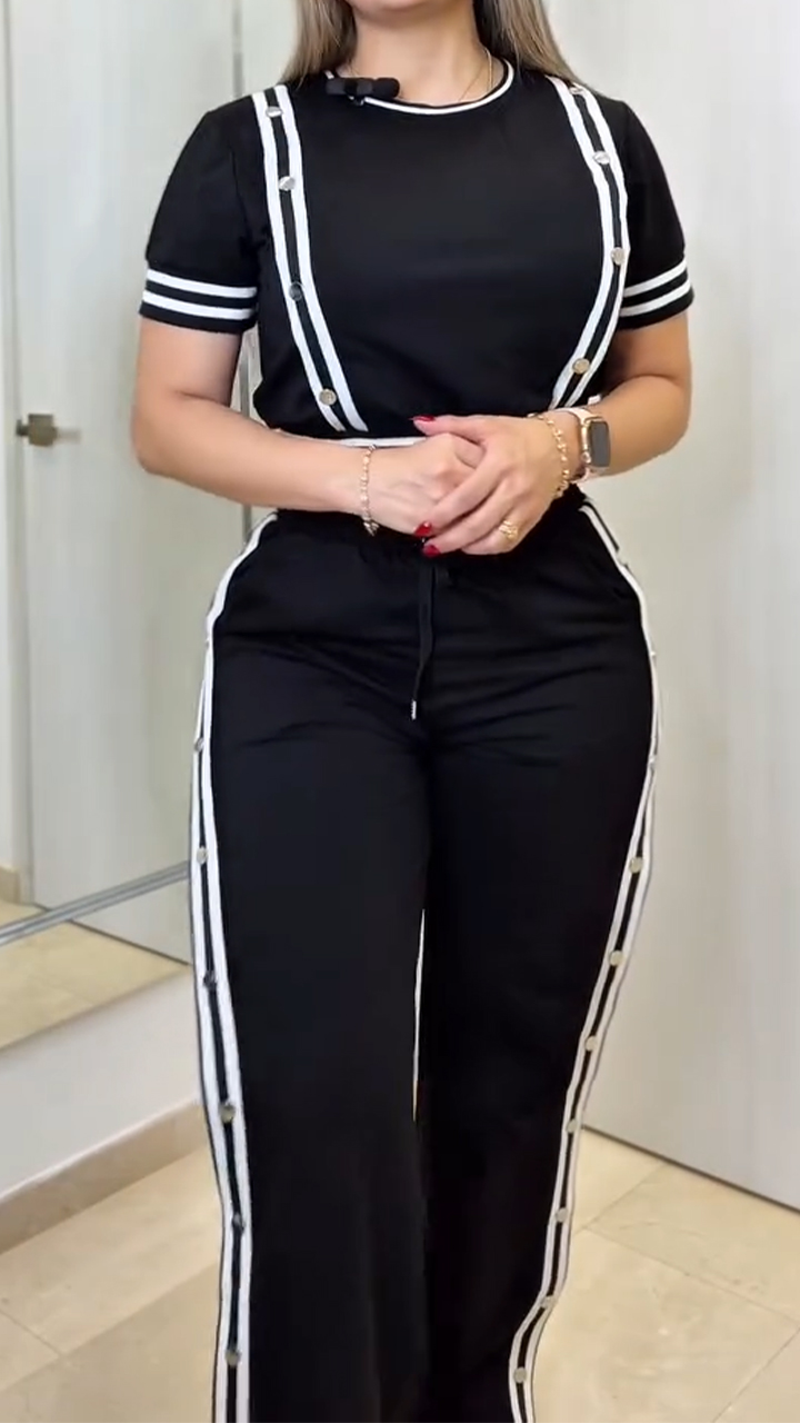 Women's round neck patchwork striped casual suit