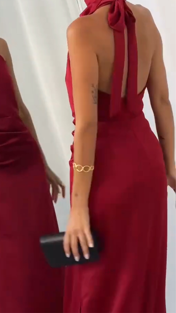 Ladies' Neck Strap Hollow Out Solid Color Elegant Evening Dress