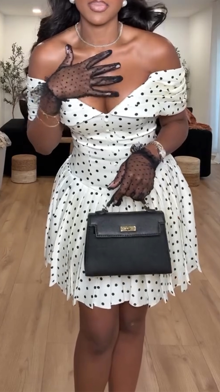 Ladies' One Line Neck Polka Dot Printed Patchwork Pleated Casual Dress