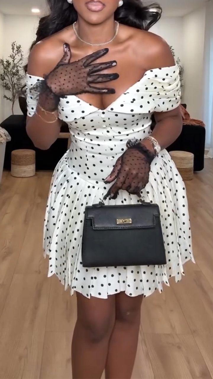 Ladies' One Line Neck Polka Dot Printed Patchwork Pleated Casual Dress