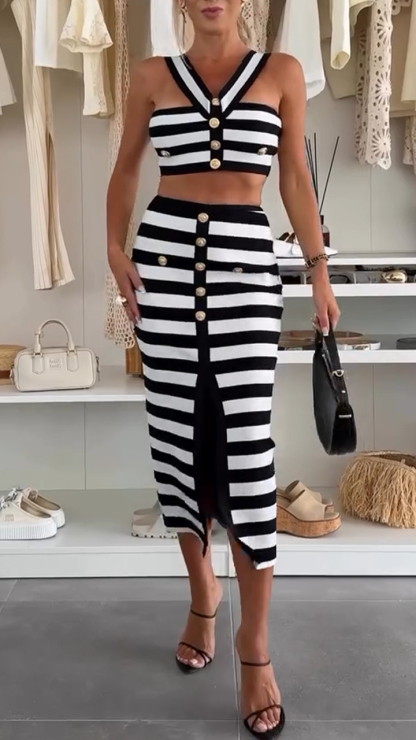 Ladies' Neck and Strapless Striped Button Top+skirt Casual Set