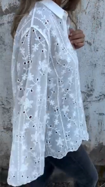 Ladies' Collar Printed Hollow Out Casual Tops