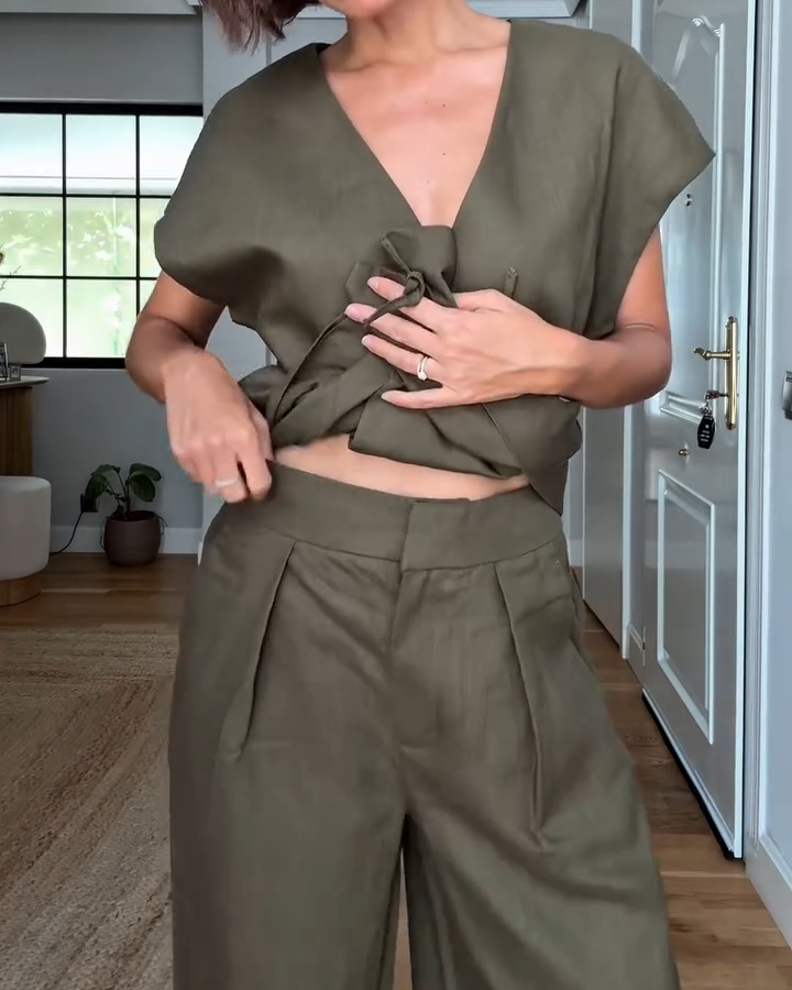 Ladies' V-neck Waist Cinched Top+ Pants Casual Suit