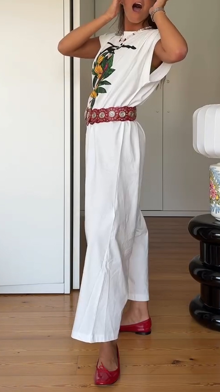 Ladies' Round Neck Printed Casual Loose Jumpsuit