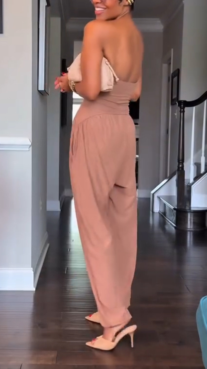Ladies' Strapless Solid Color Patchwork Casual Jumpsuit