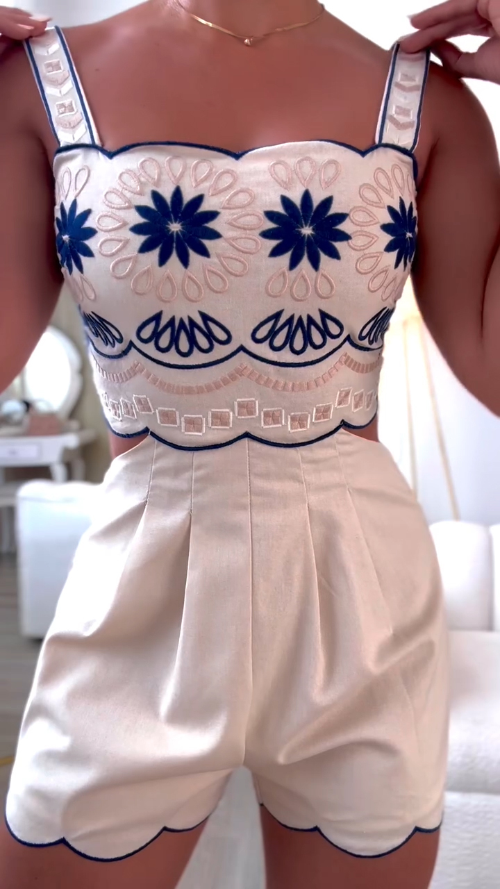 Ladies' Suspender Printed Patchwork Hollow Casual Short Jumpsuit
