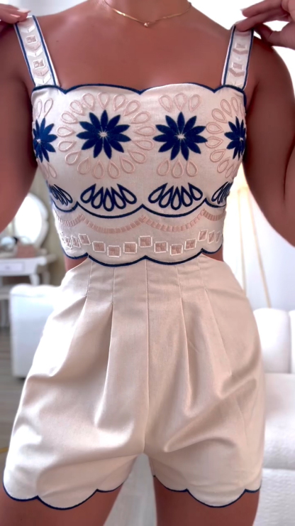 Ladies' Suspender Printed Patchwork Hollow Casual Short Jumpsuit