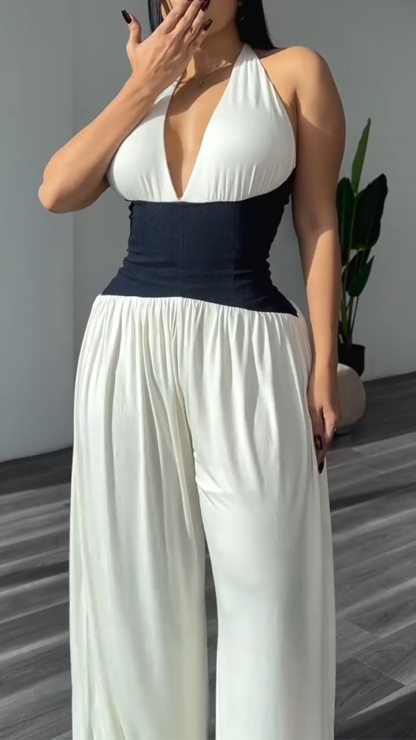 Women's V-neck Waist Stitching Casual Jumpsuit