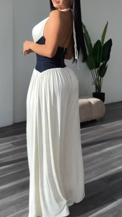 Women's V-neck Waist Stitching Casual Jumpsuit