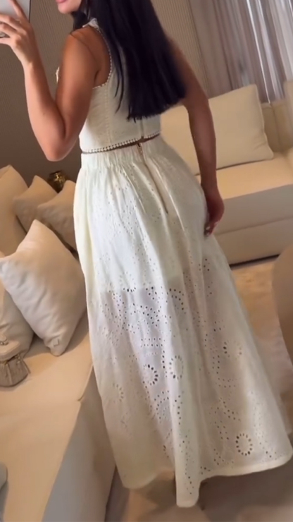 Ladies' Round Neck Printed Top+ Skirt Elegant Casual Set