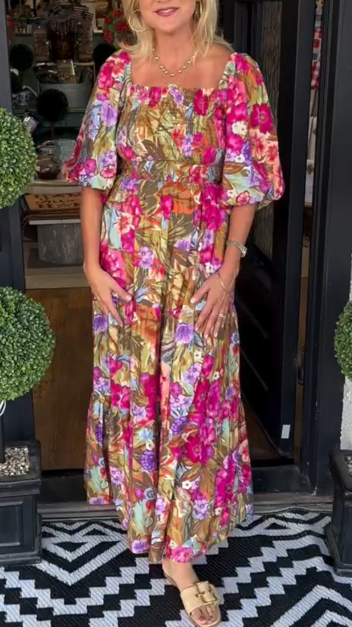 Ladies' Square Collar Lantern Sleeve Printed Casual Dress