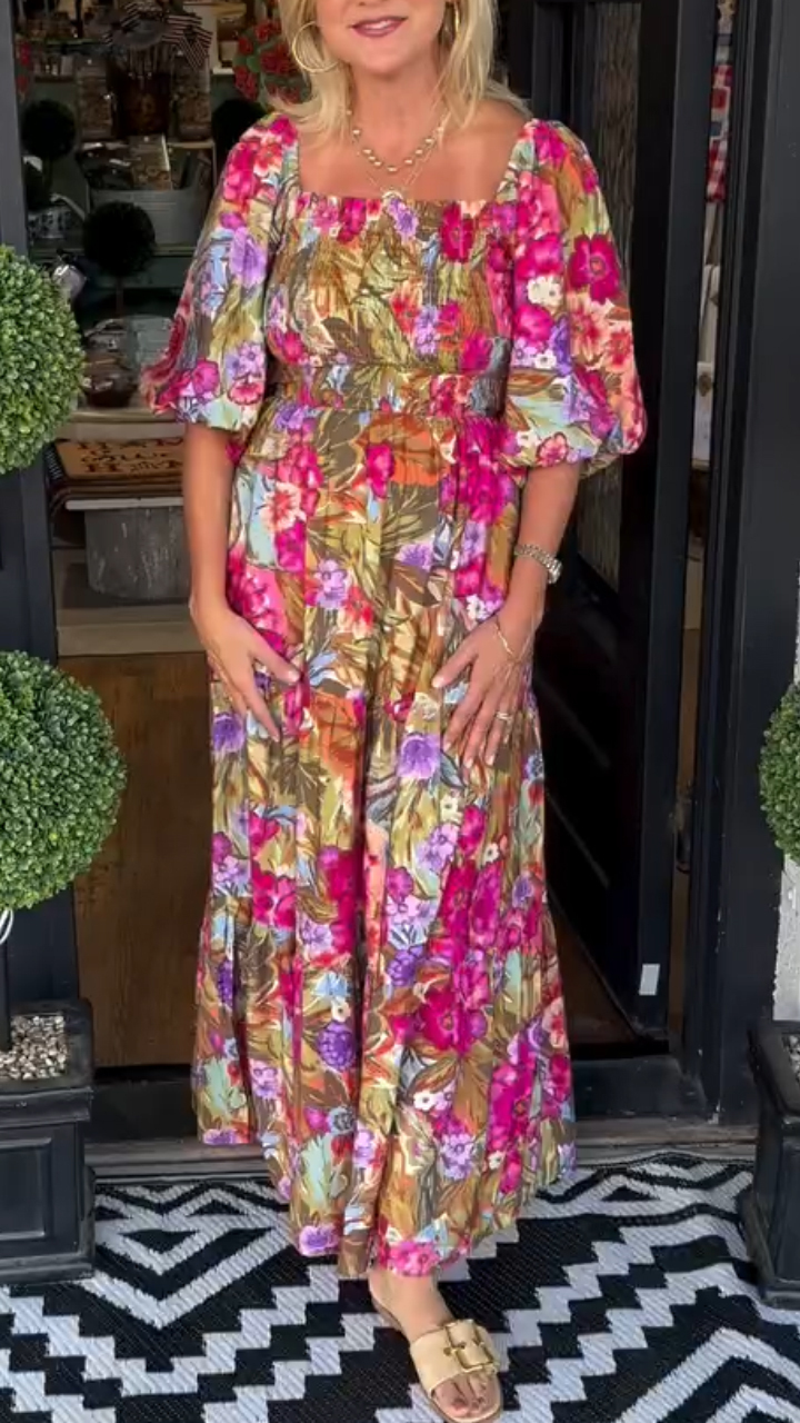 Ladies' Square Collar Lantern Sleeve Printed Casual Dress