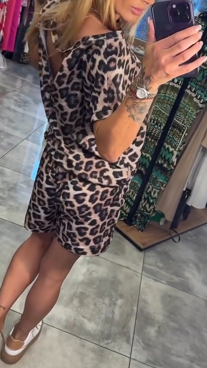Ladies' Slanted Neck Leopard Print Top+ Shorts Casual Set