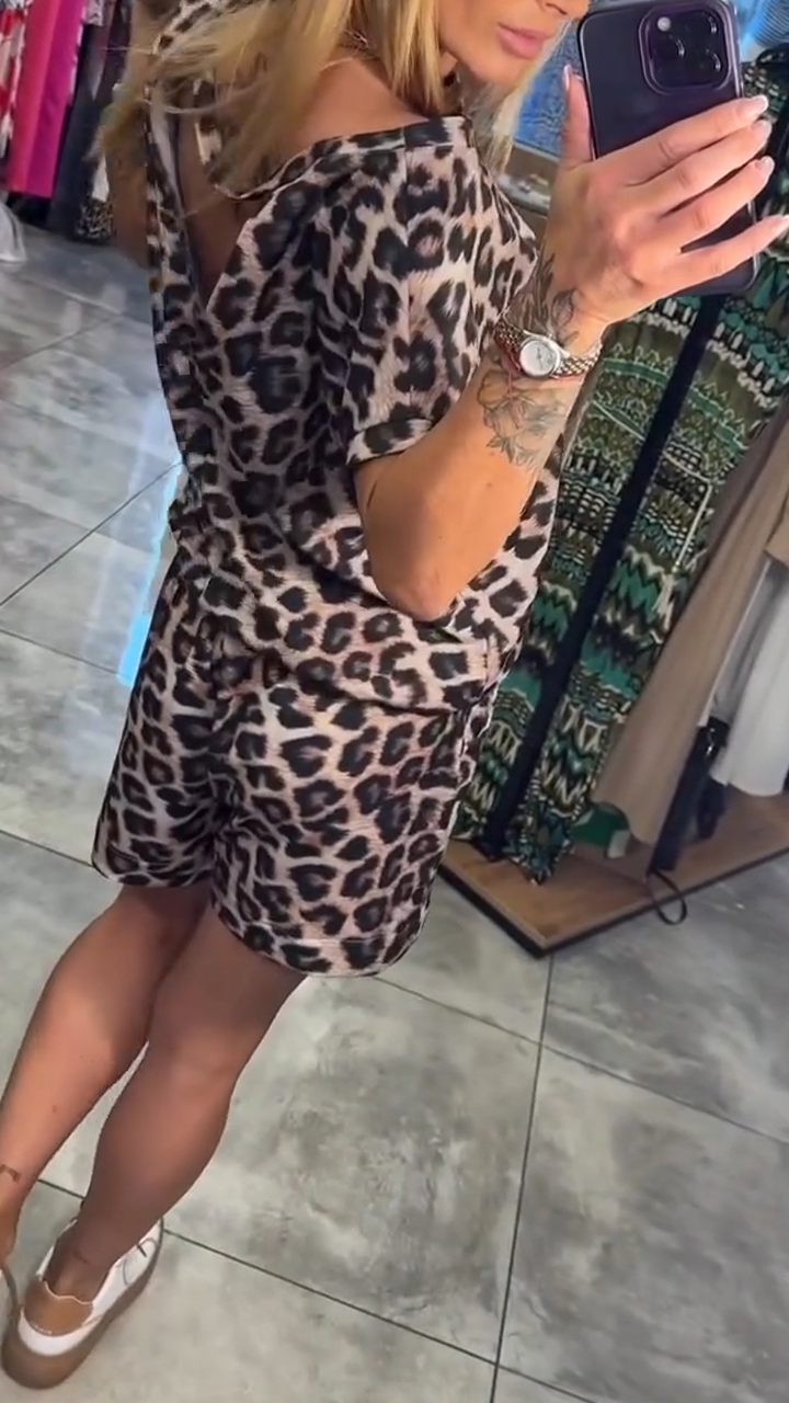 Ladies' Slanted Neck Leopard Print Top+ Shorts Casual Set