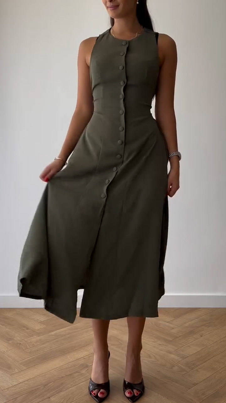 Women's Round Neck Breasted Solid Color Casual Dress