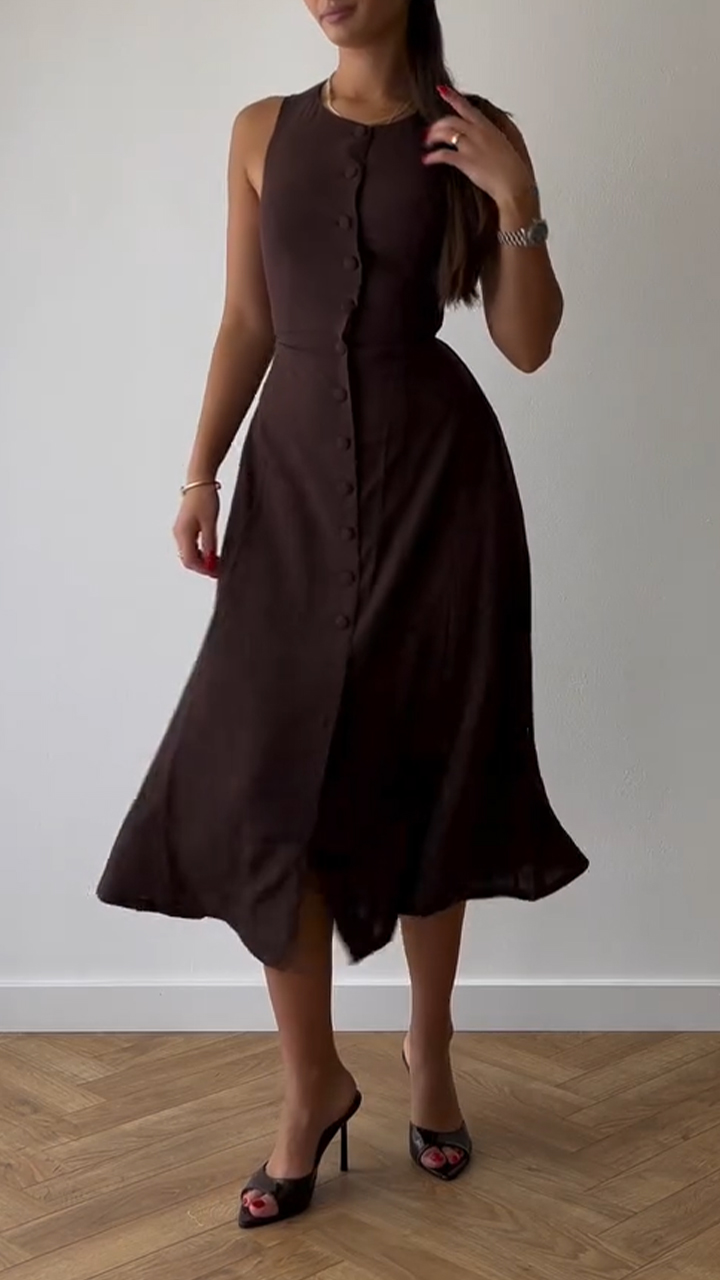 Women's Round Neck Breasted Solid Color Casual Dress