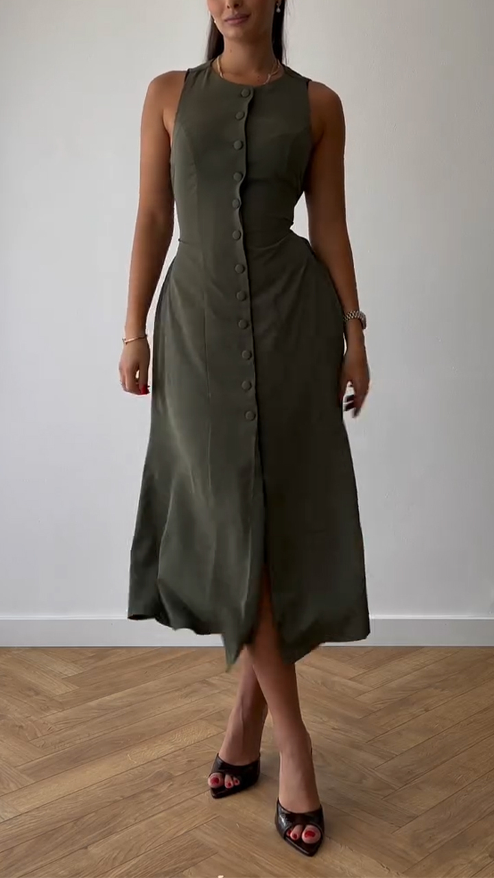 Women's Round Neck Breasted Solid Color Casual Dress