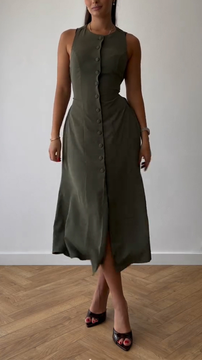 Women's Round Neck Breasted Solid Color Casual Dress