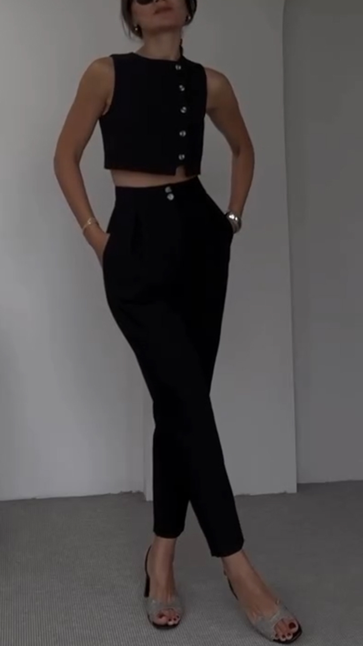 Women's Side Button Short Top + Trousers Casual Suit