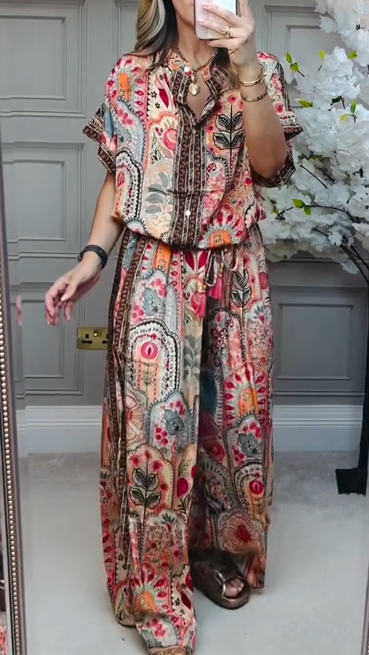 Ladies' Round Neck Printed Loose Casual Suit