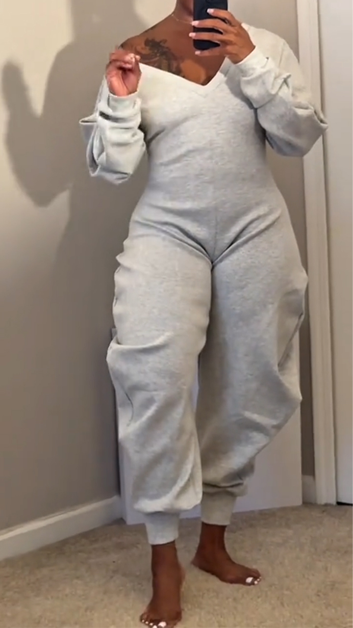 Women V-neck Solid Color Casual Jumpsuit