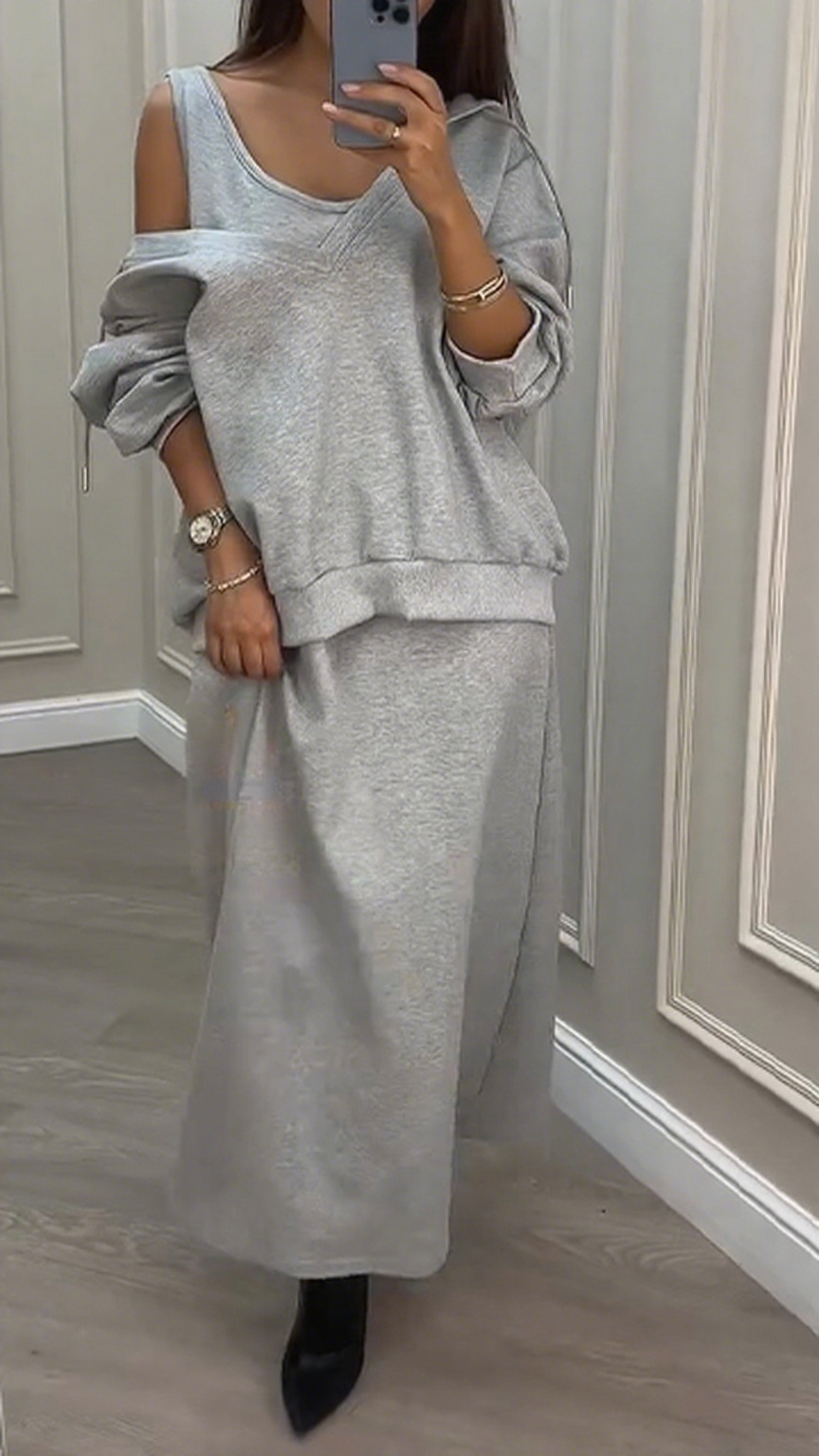 Women V-neck Sweatshirt + Dress Solid Color Casual Suit