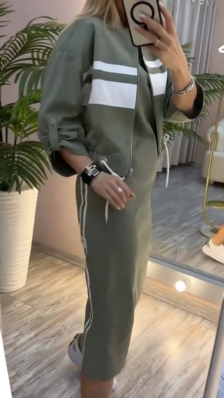 Women Round Neck Dress + Jacket Casual Suit