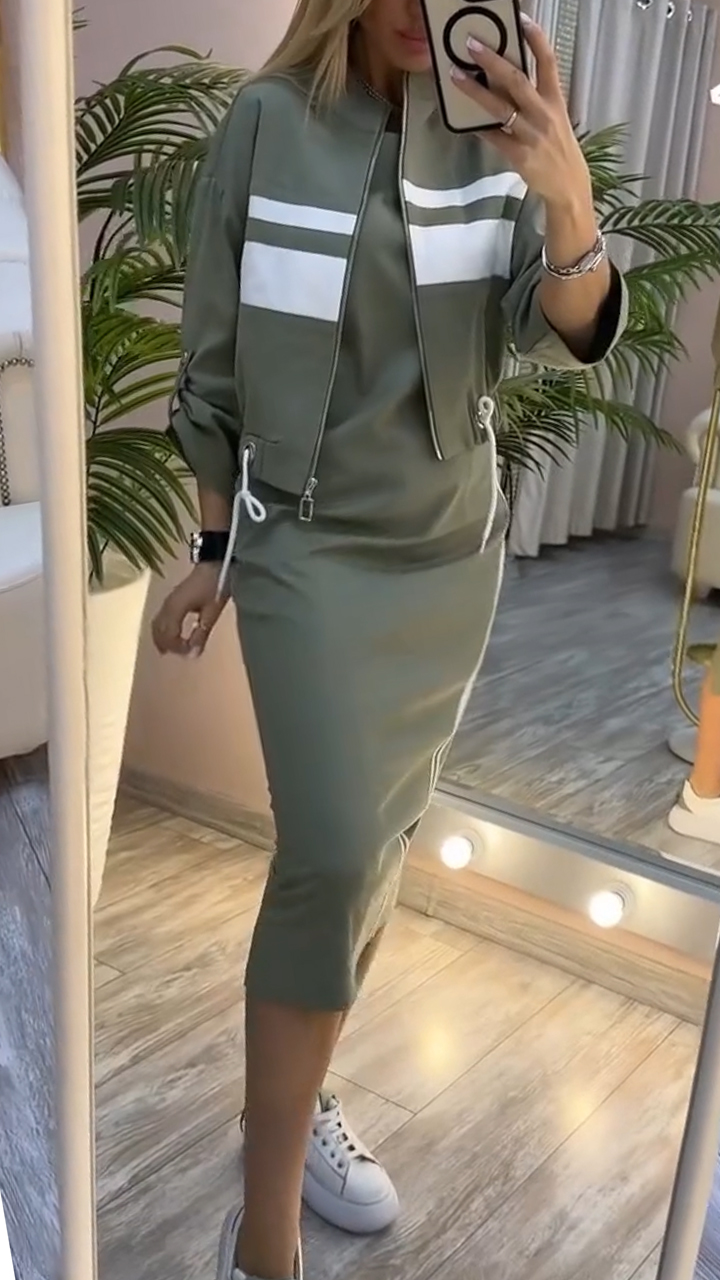 Women Round Neck Dress + Jacket Casual Suit