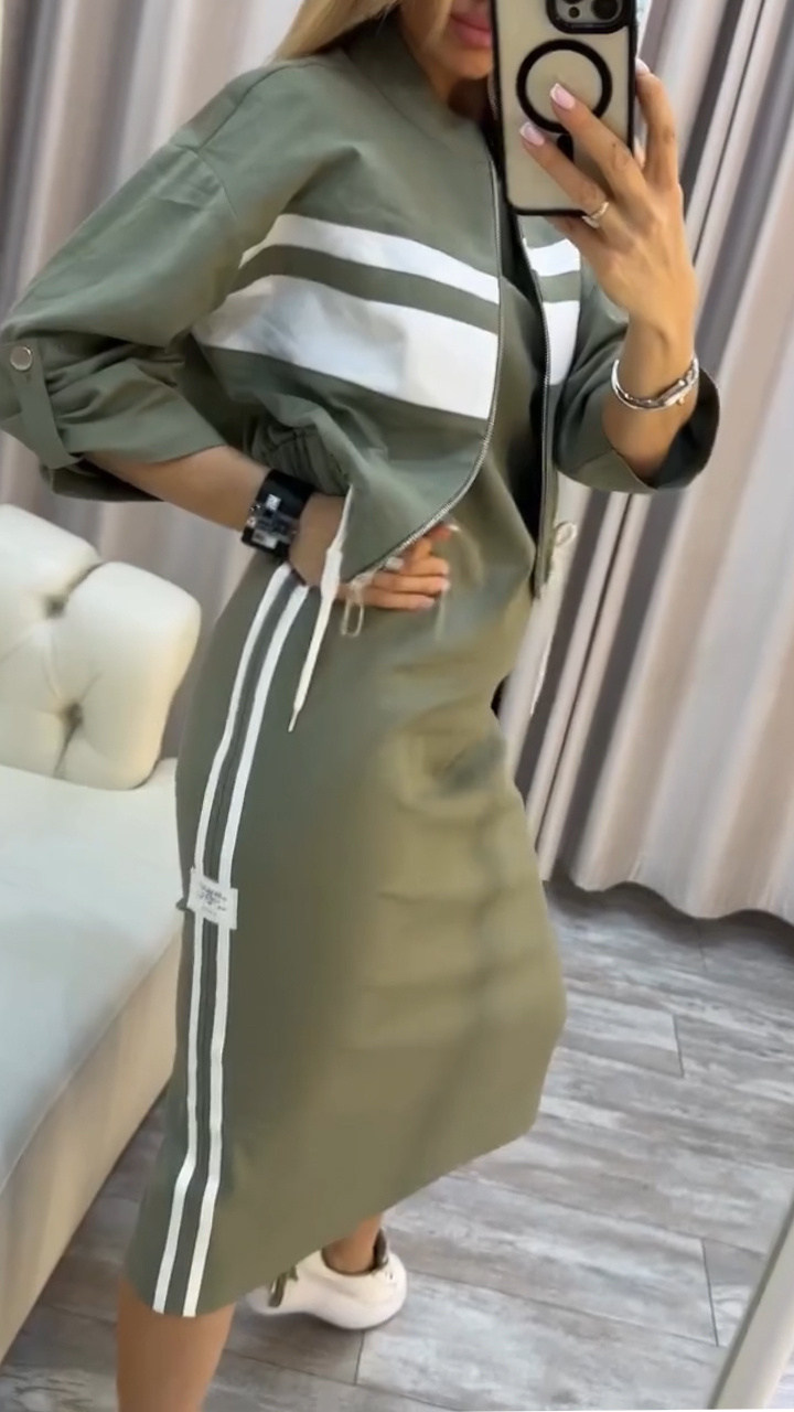 Women Round Neck Dress + Jacket Casual Suit