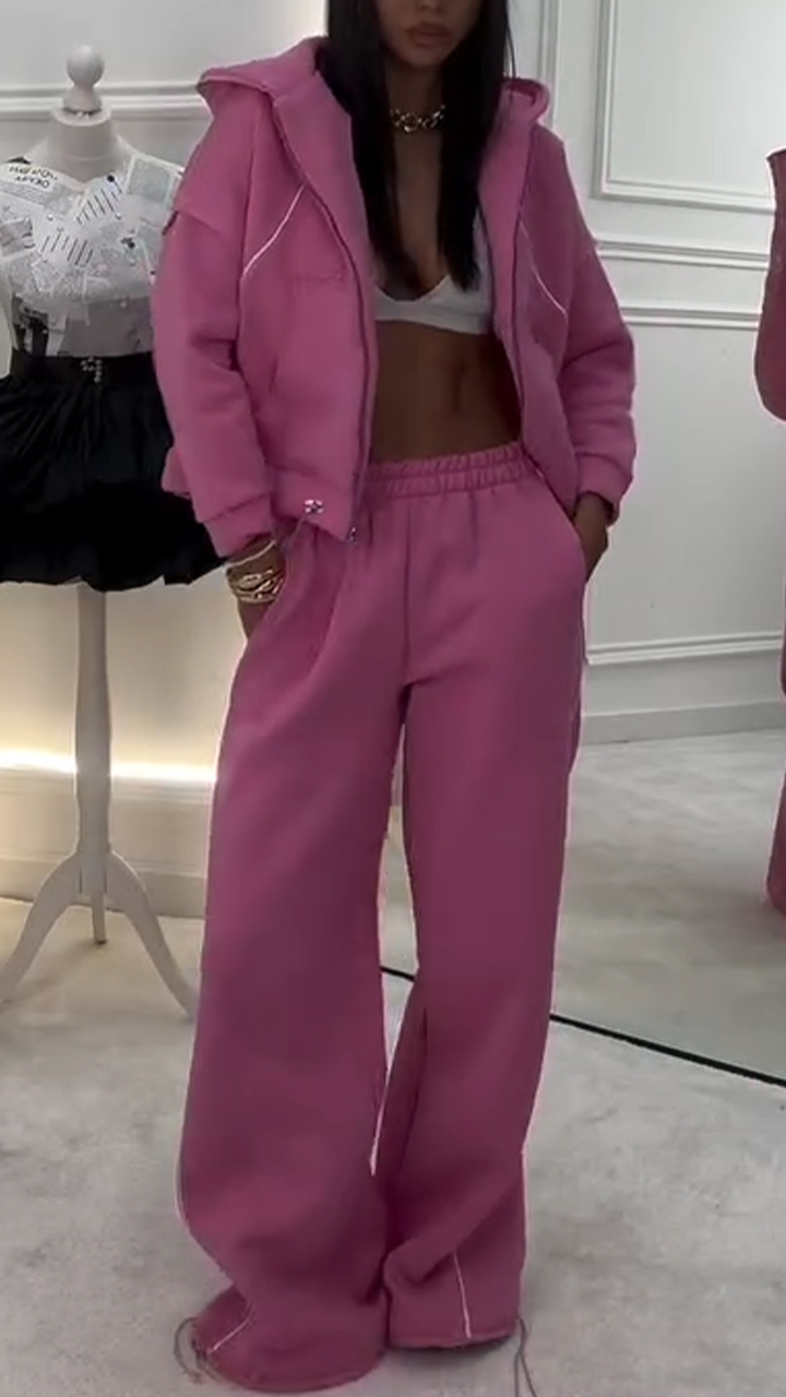 Women Round Neck Splicing Hooded Jacket + Pants Casual Suit