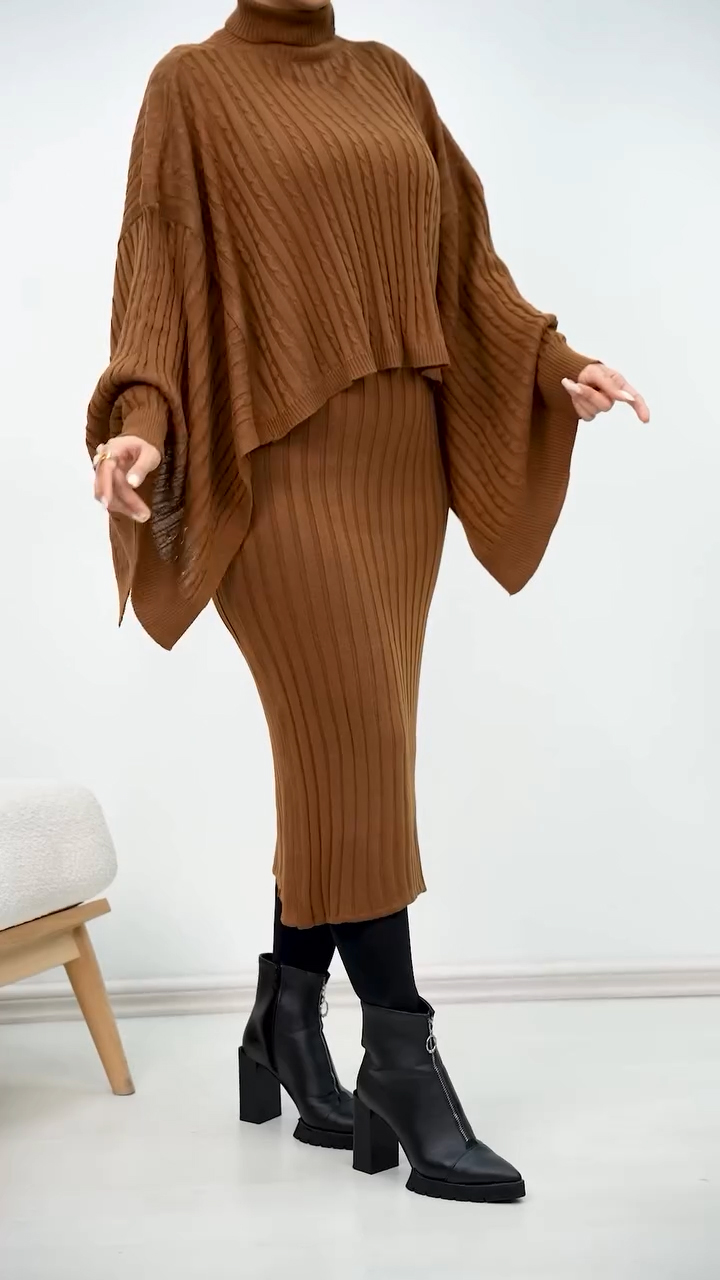 Women High Collar Irregular Knitted Top + Skirt Casual Suit