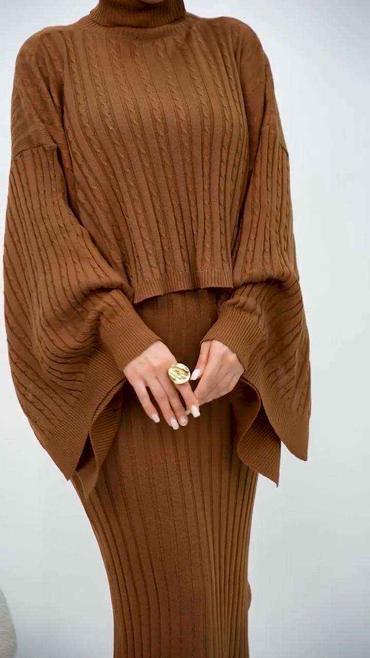 Women High Collar Irregular Knitted Top + Skirt Casual Suit