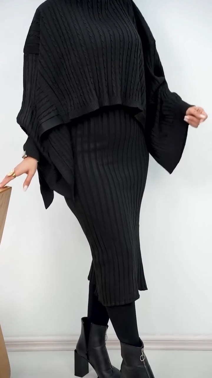Women High Collar Irregular Knitted Top + Skirt Casual Suit