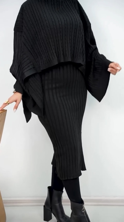 Women High Collar Irregular Knitted Top + Skirt Casual Suit