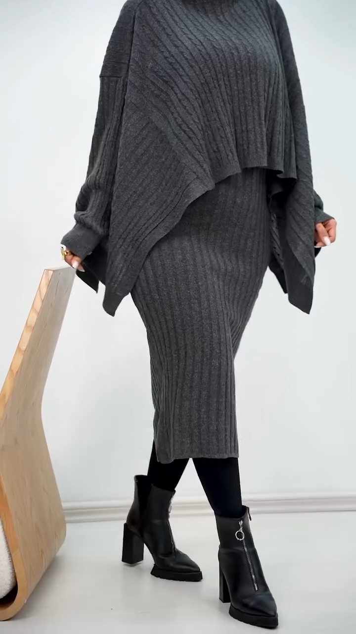 Women High Collar Irregular Knitted Top + Skirt Casual Suit