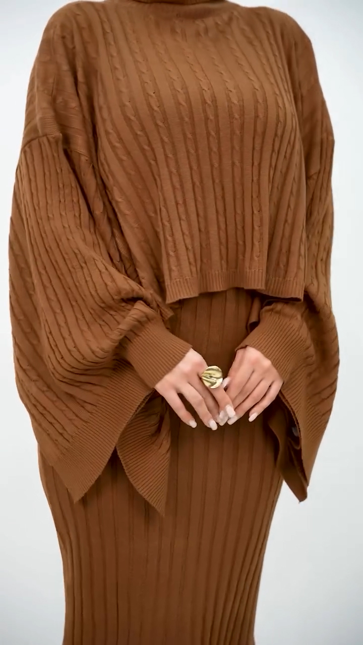 Women High Collar Irregular Knitted Top + Skirt Casual Suit