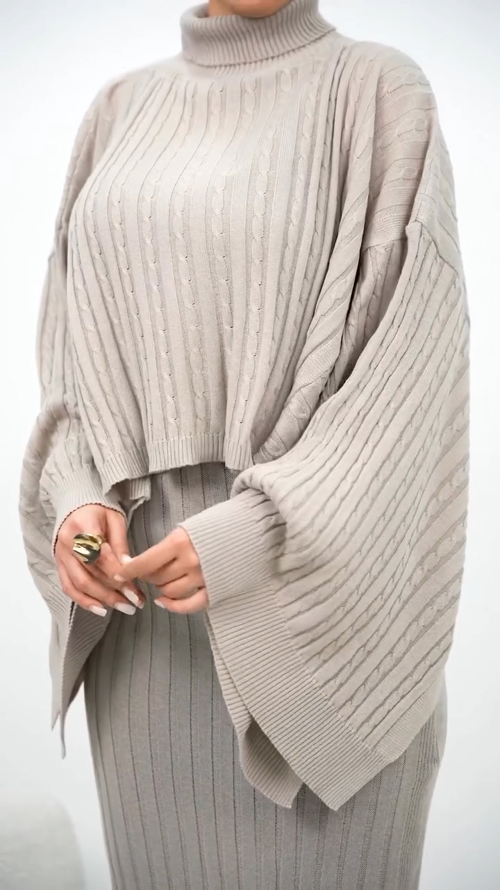 Women High Collar Irregular Knitted Top + Skirt Casual Suit