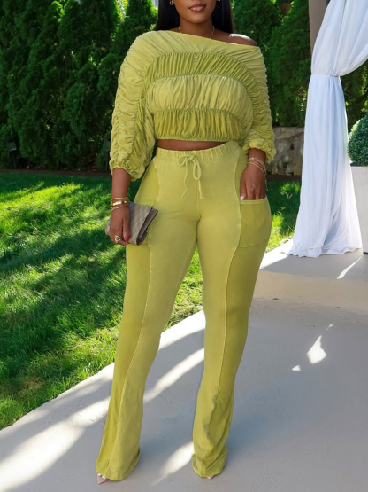 Women Round Neck Splicing Pleated Top + Pants Casual Suit