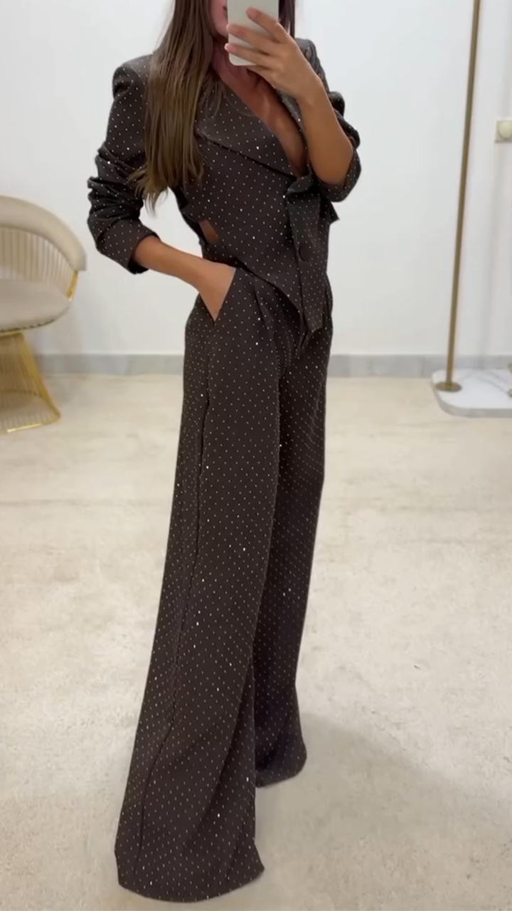 Women Lapel Irregular Hot Diamond Top + Pants Temperament Commuter Suit