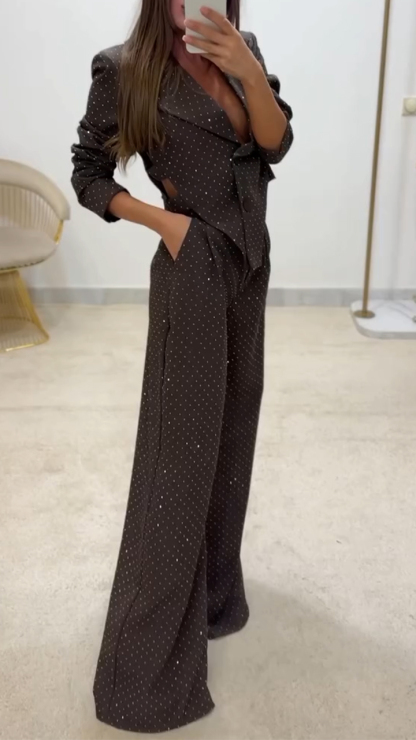 Women Lapel Irregular Hot Diamond Top + Pants Temperament Commuter Suit