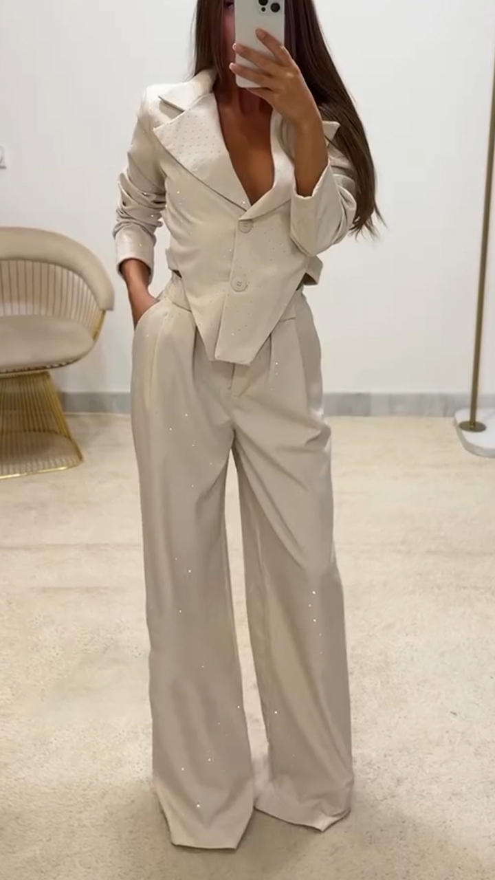 Women Lapel Irregular Hot Diamond Top + Pants Temperament Commuter Suit