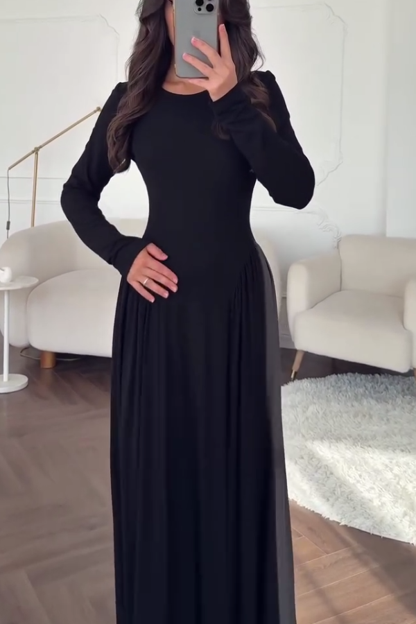 Women Casual Round Neck Pleated Waist Maxi Dress