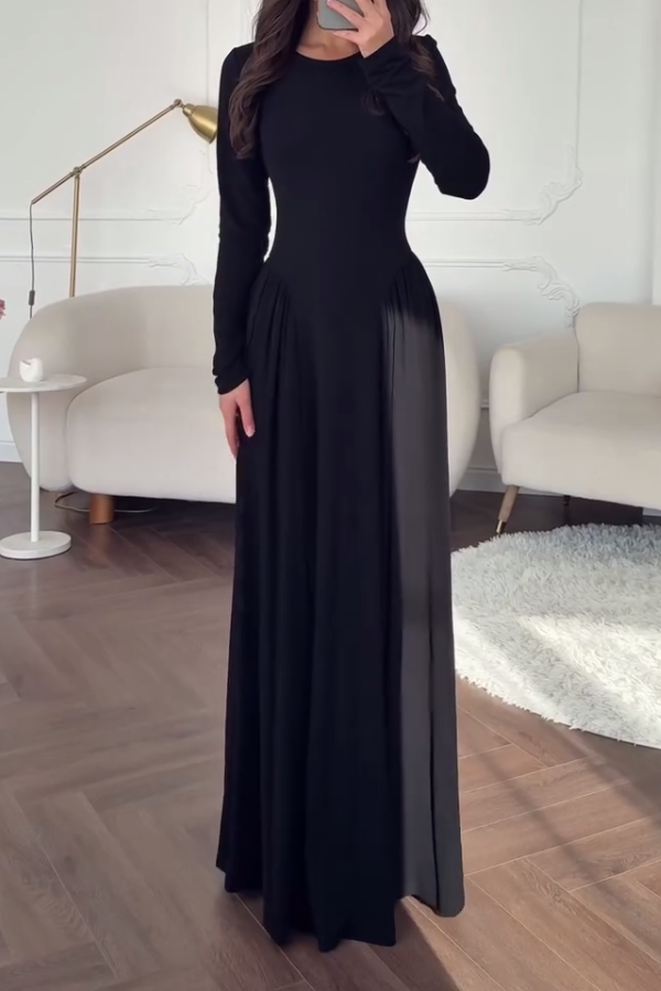 Women Casual Round Neck Pleated Waist Maxi Dress